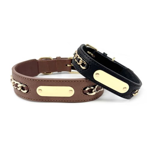 Genuine Leather Dog Collars With Metal Braided Design Engraved Nameplate Genuine Leather Dog Collars With Metal Braided Design Engraved Nameplate