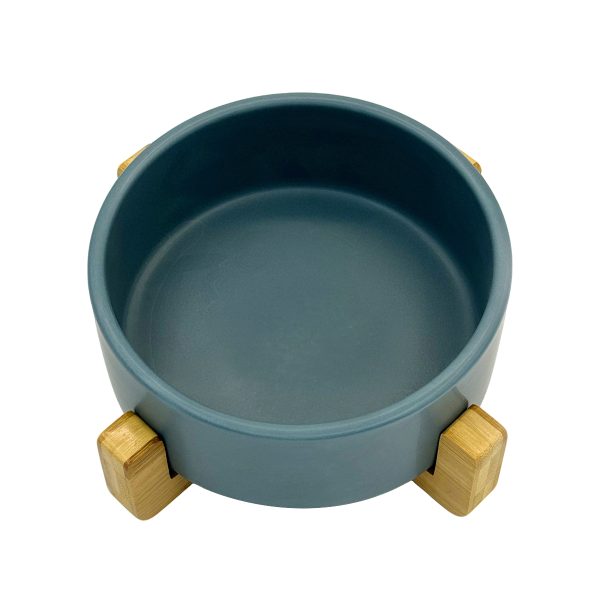 Ceramic Round Dog Cat Bowl Food Water Elevated Dish For Pet Wood Stand