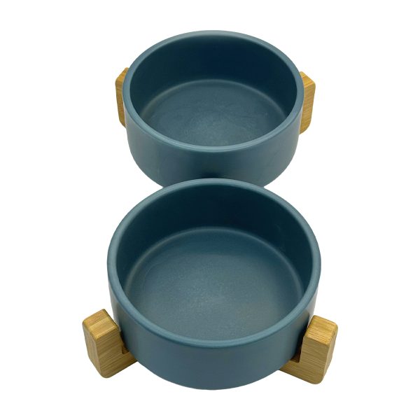 Double Dog Cat Bowl Ceramic With Elevated Wooden Stand Food Water Dish