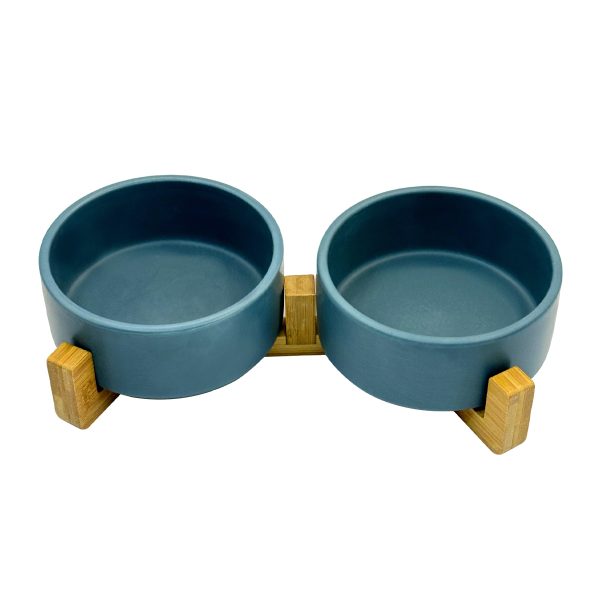 Double Dog Cat Bowl Ceramic With Elevated Wooden Stand Food Water Dish