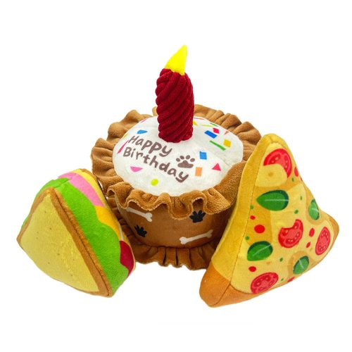 Pet Plush Toy Birthday Squeaky Gift Cake Sandwiches Pizza Crinkly Party Dog Toy Supplies