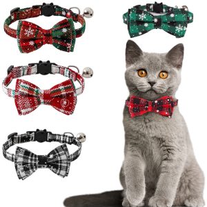 Christmas Plaid Pet Bow Tie Collar For Cats Dogs, Cute Adjustable Kitten Collar With Bowknot